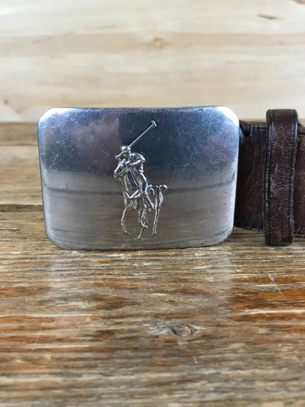 POLO Ralph Lauren Mens Brown Leather Belt Silver Tone Pony Buckle Size 36
